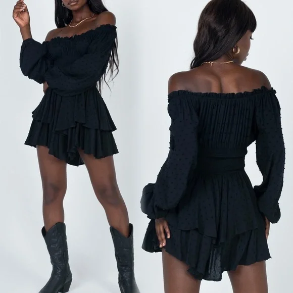 NWT Princess Polly “Love Galore” Long Sleeve Smocked Romper Black Cottagecore - Picture 1 of 9